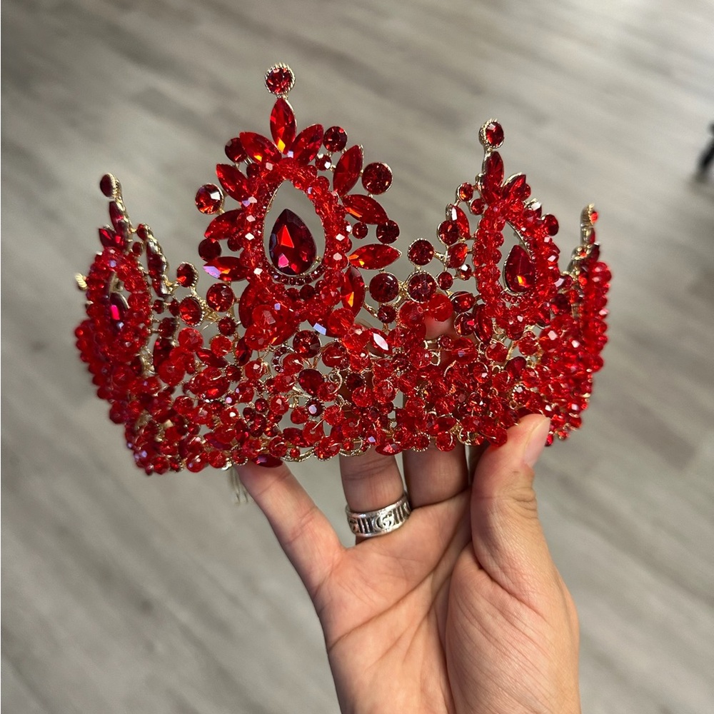 Elegant Deep Red Tall Quinceañera Pageant Crystal Tiara Crown